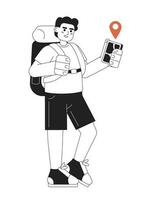 manlig vandrare ser på plats spårning app platt vektor tecknad serie översikt karaktär. backpacker med telefon fläck illustration. full kropp person isolerat. redigerbar 2d svart vit teckning, grafisk design