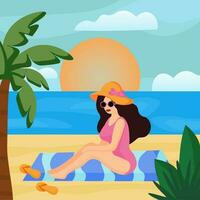 Mädchen auf das Strand von das Insel. Frau ist Sonnenbaden im Badeanzug und Brille auf das Sand, Flip Flops nahe. Vektor eben Illustration von Meer Urlaub, Sonne leuchtenden, Palme Baum