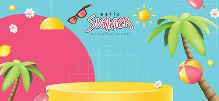 Sommer- Beförderung Poster Banner mit Gelb Podium Produkt Anzeige Sommer- tropisch Strand Stimmung und leeren Raum vektor