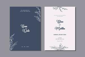 minimalistisch doppelt Seite Hochzeit Einladung Vorlage mit Hand gezeichnet Blätter und Blumen Dekoration einfach Stil vektor