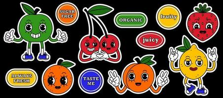 Aufkleber einstellen von Obst retro Karikatur Charakter. Aufkleber Pack von saftig Kirsche, Erdbeere, Pfirsich, Zitrone, Orange und Apfel mit Zitate und Slogans. vektor