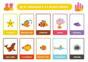 söt tecknad serie hav djur med namn. flashcards för inlärning engelsk. vektor