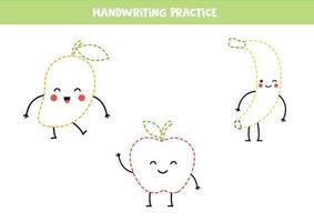 handstil öva med söt söt frukter. spårande rader för förskolebarn. vektor illustration.