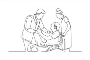 kontinuierlich Linie Zeichnung von Arzt Prüfung geduldig im Rollstuhl vektor
