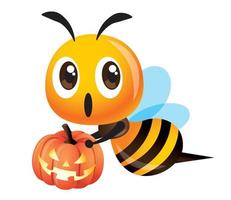 tecknad söt bi som håller en halloween pumpa med lätt lattern vektor