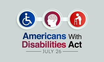 Amerikaner mit Behinderung Handlung ist beobachtete jeder Jahr auf Juli 26, ada ist ein bürgerlich Rechte Gesetz Das verbietet Diskriminierung basierend auf Behinderung. Vektor Illustration