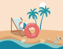 glücklich Sommer- Hintergrund, Strand Stuhl mit ein Ball, rot aufblasbar Ring, Meer Schale auf das Strand. Vektor Design Illustration.