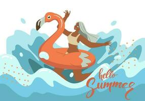 Lassen das Sommer- Start. jung Frau Reiten auf aufblasbar Flamingo im das Meer, haben Spaß und erfrischend auf ein heiß Sommer- Tag. Vektor Design Illustration.