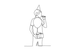 en man innehav en kaka, ballong och blåser en trumpet vektor