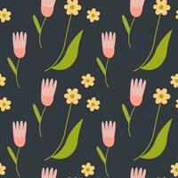 natürlich nahtlos Muster mit stilisiert Hand gezeichnet Blumen auf dunkel Hintergrund. botanisch Illustration zum Verpackung, Textil- drucken, Hintergrund. vektor