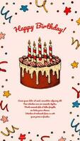 födelsedag vertikal hälsning kort. affisch med hand dragen element. firande social media berättelser mall. vektor illustration i skiss stil