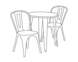 Hand gezeichnet Gliederung von Restaurant Möbel Satz, Stühle und Tisch, mit Weiß Hintergrund vektor