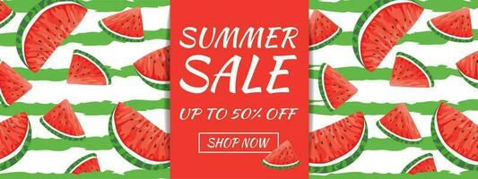 Sommer- Verkauf Banner. Wassermelone Scheiben auf ein gestreift Hintergrund. vektor