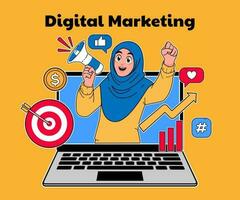 Digital Marketing Illustration, ein Frau tragen ein Hijab ist fördern mit ein Megaphon vektor