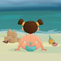 liten flicka sitter på de strand och spelar i de sand. barn är byggnad sand slott. sand spel. vektor illustration. tecknad serie.