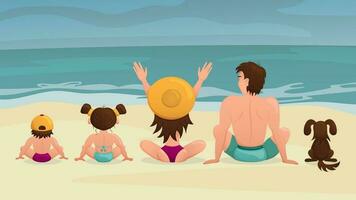 glücklich Familie sitzt auf das Strand und sieht aus aus zu Meer. Papa, Mutter, Sohn, Tochter, und Hund sind entspannend auf das Ozean. Aussicht von das zurück. Karikatur. Vektor Illustration.