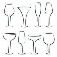 einstellen von Silhouetten Glas leeren Brille isoliert. Glaswaren von anders Formen zum Alkohol Getränk und Cocktail. Utensilien zum Sekt, Wein, Brandy, Whiskey, Cognac, Gin. Vektor eben Illustration