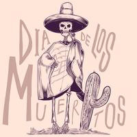 Skelett in den mexikanischen nationalen Kostümen mit Kaktus-Weinlese-Stich-Illustration