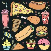 schnell Essen Hintergrund. Gekritzel Fast Food Symbole. gezeichnet Essen Illustration vektor