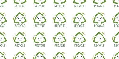 nahtlos Muster mit Recycling Symbol. süß kawaii Emblem. Umwelt Erhaltung, Erde Tag Konzept. minimalistisch ökologisch Vektor Illustration.