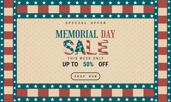 Retro-Art Memorial Day Hintergrund Sonderangebot Verkauf Promotion Werbung Banner Vorlage Design vektor