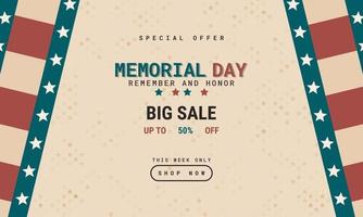 Retro-Art Memorial Day Hintergrund Sonderangebot Verkauf Promotion Werbung Banner Vorlage Design vektor