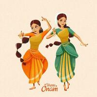 Lycklig onam två skön dansare bär sari vektor