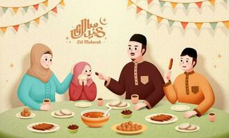 muslim familj har utsökt iftar mat tillsammans under de Semester på beige bakgrund, eid mubarak kalligrafi som betyder Lycklig Semester vektor