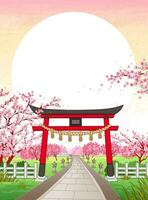 japan ukiyo-e stil körsbär blomma trädgård med traditionell japansk helgedom Port bevakning de ingång och stor Sol hängande ovan som kopia Plats vektor