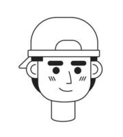 Tonårs pojke bär baseboll keps bakåt svartvit platt linjär karaktär huvud. Häftigt studerande. redigerbar översikt hand dragen mänsklig ansikte ikon. 2d tecknad serie fläck vektor avatar illustration för animering