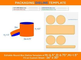Papier Kasten, runden Deckel Geschenk Box Dieline Vorlage mit das Abmessungen h1 6,5xd 6,75xh2 1.5 Zoll vektor