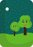 Lycklig träd tecknad serie med full måne och stjärnor landskap grön bakgrund. vektor