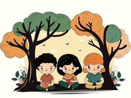 Kinder Sitzung unter das Baum und lesen Bücher auf Natur Hintergrund. vektor