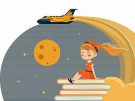 süß Mädchen Charakter Sitzung auf Buch Stapel und Flugzeug Nacht Himmel Hintergrund. vektor