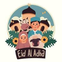 Muslime und Muslime sind feiern eid al-adha mit Kühe und Ziegen vektor