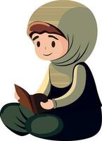 Illustration von jung Muslim Frau lesen Koran Buch im Sitzung Pose. vektor