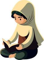 Illustration von jung Muslim Frau lesen Koran Buch im Sitzung Pose. vektor