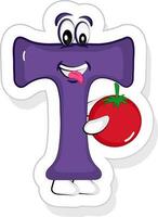 lila t Alphabet Karikatur Charakter halten Tomate Symbol im Aufkleber Stil. vektor
