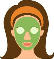 ung lady tillämpa grön ansikte packa på henne ansikte med gurka skiva ikon i platt stil. vektor