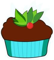 Illustration von Cupcake dekoriert durch Blätter und Kirsche Element im Aufkleber Stil. vektor
