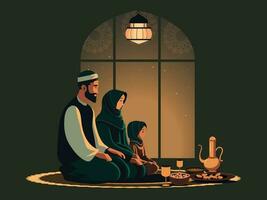 illustration av muslim familj bön- innan måltid på matta i främre av mandala islamic fönster på natt. vektor
