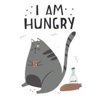 Schuldige Katze Farbe flache Hand gezeichnete Vektor Charakter Zitat Ich bin hungrig