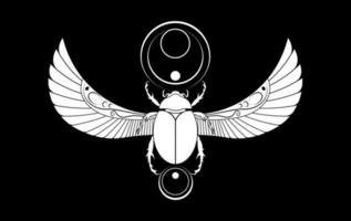 egyptisk helig scarab vägg konst design. skalbagge med vingar. vektor illustration vit logotyp, personifierande de Gud khepri. symbol av de gammal egyptier. till vara färgad isolerat på svart bakgrund