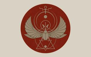 egyptisk helig scarab vägg konst design, bevingad skalbagge. vektor illustration logotyp, personifierande de Gud khepri. symbol av de gammal egyptier. röd cirkel isolerat på årgång bakgrund