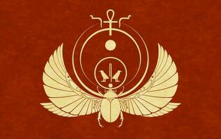 ägyptisch heilig Skarabäus Mauer Kunst Design. Käfer mit Flügel. Vektor Illustration Logo, personifizierend das Gott Khepri. Symbol von das uralt ägypter. alt Pergament isoliert auf Jahrgang Hintergrund