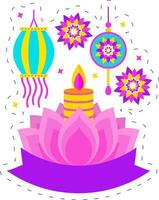 Lycklig diwali begrepp med lotus blomma, belyst ljus, lykta hänga och mandala prydnad på vit bakgrund. vektor