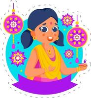 glücklich Diwali Konzept mit Karikatur Mädchen halten zündete Öl Lampe Diya, Mandala Ornament auf Blau und Weiß Hintergrund. vektor