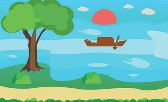 vektor illustration landskap bakgrund. väg grön gräs Sol båt och färgrik träd blå himmel, enkel tecknad serie stil