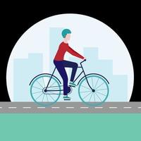 junger Mann, der ein Fahrrad in einer Stadtflachillustration reitet vektor