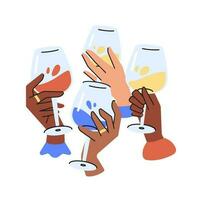 freunde Hände halten Brille mit Sekt, Wein, Cocktail und Prost oder Trinken Toast zu Freundschaft. farbig Grafik eben Vektor Illustration isoliert auf Weiß Hintergrund